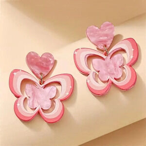 Double Exquisite Butterfly/Heart Acrylic Dangle Earrings NEW
